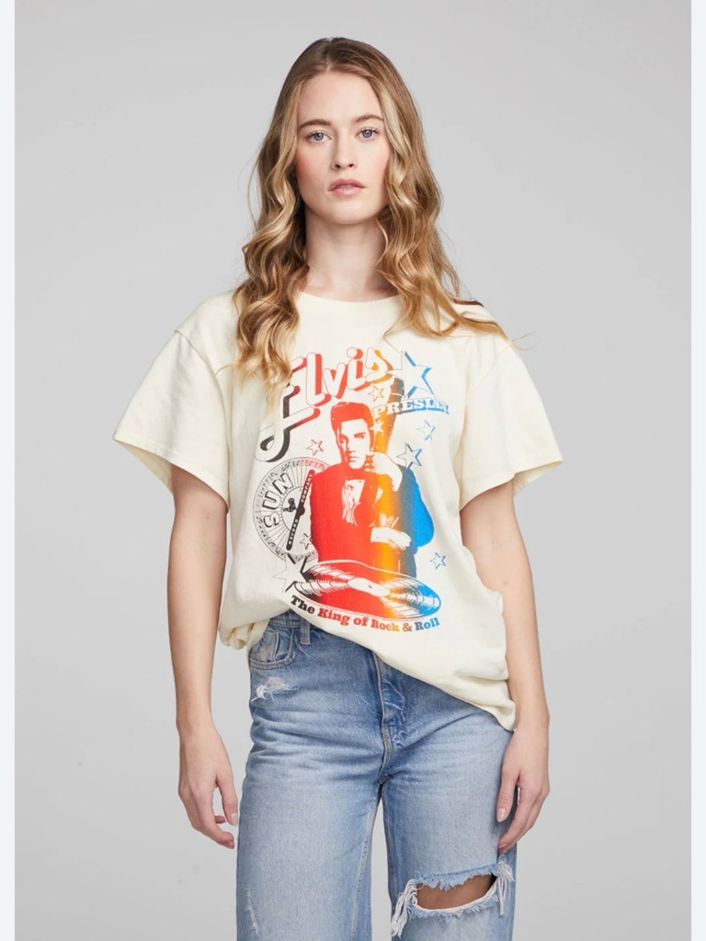 Chaser Elvis Presley Graphic Tee in Cream with Red & Blue Print large